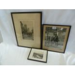 Engraving - Bath Abbey & Roman Baths - Ernest Hampshire (pencil signed) and Huntsman and Horse