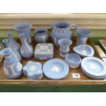 Wedgwood Blue Jasper vases, pin dishes,