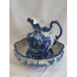 Victoria Ware blue and white ironstone wash jug and bowl