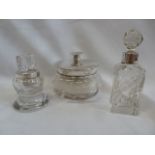 Silver lidded powder jar - Birmingham 1918, silver rimmed scent bottles - Birmingham 1905,