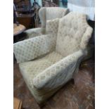 Re-upholstered early 20thC wing-back armchairs and pouffe (3)