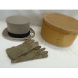 Lincoln Bennett grey top hat & a pair of suede gloves