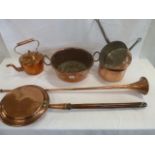 Copper warming pan, saucepans, kettle,