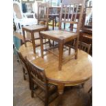 Victorian honey oak telescopic dining table and set 6 rush seated chairs