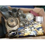 Pewter tankards, EPNS muffin dish, cutlery boxes,