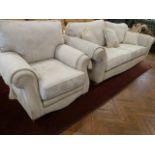 Scroll end 4 seater sofa and chair upholstered in a gold and red classic foliate design fabric