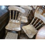 Beech spindle back kitchen chairs (3) and string seat footstool