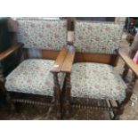 Pair Oak bobbin stretcher upholstered elbow chairs