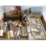 Treen, metalware - hunting scene biscuit tins, cutlery,