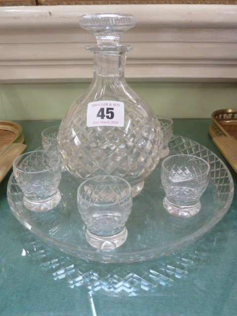 Cut glass liqueur decanter and set 6 glasses on circular tray