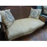 Bergere style fruitwood sofa with gold satin cushions (medallion upholstery Debussy)