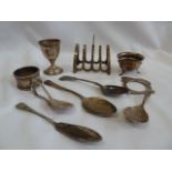 Silver toast rack, egg cup, spoons, napkin ring etc ( 8.