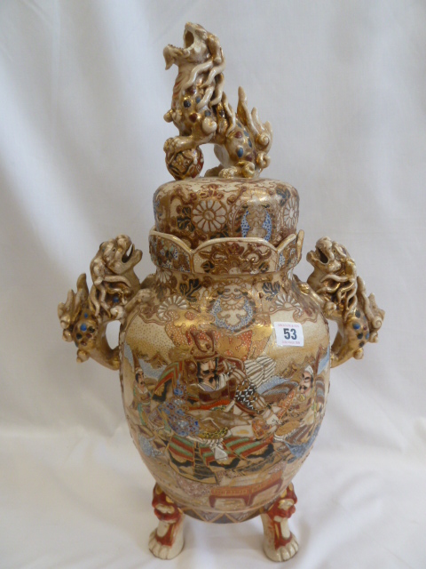 19thC Satsuma twin handled jar and cover (with damage)