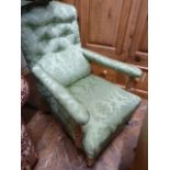 19thC Green satin upholstered salon armchair- stamped Hindley & Sons, 154 Oxford Street,