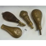 19thC Brass and leather powder flasks (4)