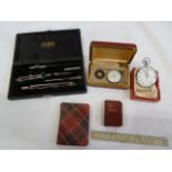 Jaywess cased drawing set, Omega chrome stop watch, silver fob watch,
