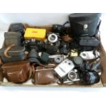 Box of cameras, lenses, tripod,
