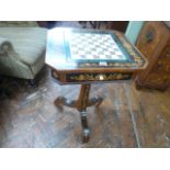 Late 19thC inlaid marquetry pedestal table with later inset marble chess board