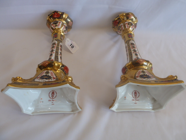 Pair Royal Crown Derby Imari 1128 candlesticks (27cm tall) - Image 2 of 5