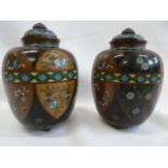 Pair late 19thC Japanese cloisonne lidded jars on ball feet