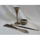 Silver trumpet stem vase, silver handled button hook and shoe horn,