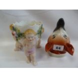 19thC Ceramic fox head stirrup cup and continental porcelain cherub and egg vase (2)