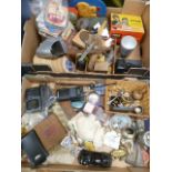 2 Boxes - sundry novelty items, Avon perfume bottles, beer mats, money box,