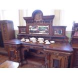 Large carved Victorian oak and mahogany mirror back sideboard with painted circular panel depicting