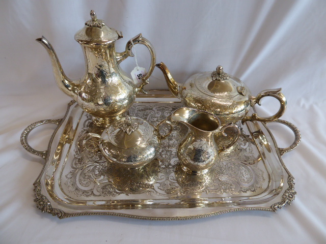 Silver plated tea set on tray