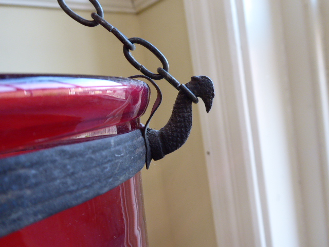 19thC Cranberry glass hanging bell jar lantern suspended on 3 chain hooks with pheasants head - Image 3 of 6