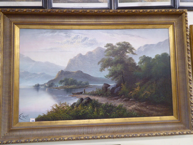 Large oil on canvas Mountains and Lake landscape - E Mazzoni in heavy gilt frame ( 60" x 40" frame