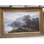 Large oil on canvas Mountains and Lake landscape - E Mazzoni in heavy gilt frame ( 60" x 40" frame