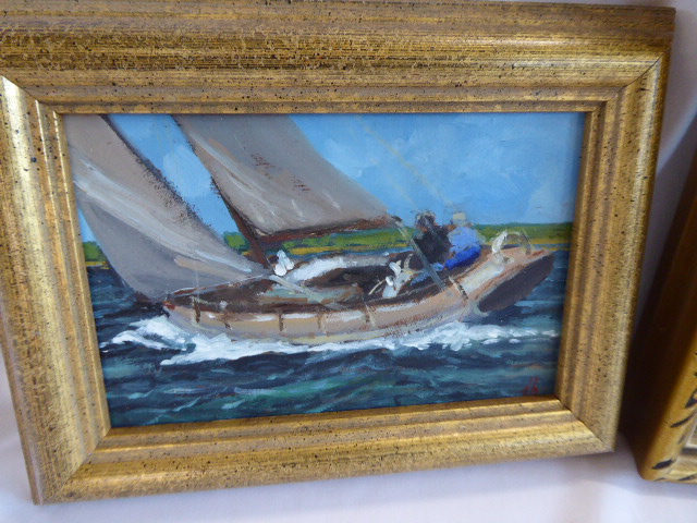 Small oil on board - Blue Mountains - Norma Kett and Yachting scene - P Burton (2) - Image 4 of 5