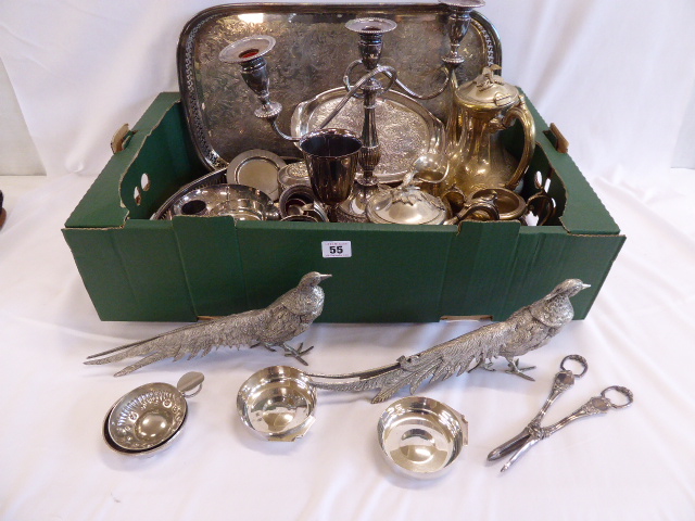 Silver plated tea set, trays, candelabra,