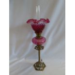 French brass and cranberry glass oil lamp - Gaudard
