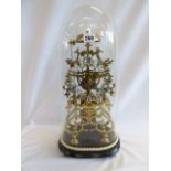 Brass skeleton clock with single fusee movement under glass dome (20" tall)