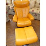 Ekornes Stressless clementine orange leather swivel reclining armchair and footstool