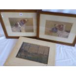 Pair watercolour hound portraits - Potter and unframed 'A Saturday in the Weald' Geoffrey Sparrow