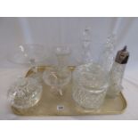 Cut glass pedestal fruit bowl, biscuit barrel, decanters, vase,