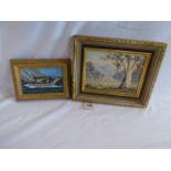 Small oil on board - Blue Mountains - Norma Kett and Yachting scene - P Burton (2)