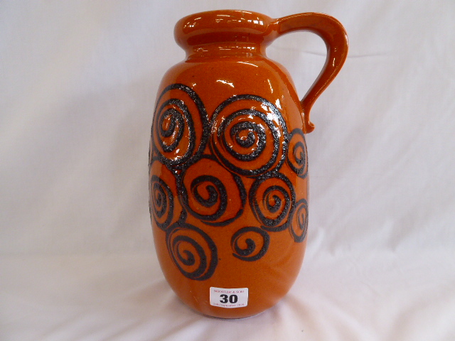 Vintage orange glazed swirl pattern vase with handle - Scheurich W Germany 484-27