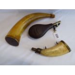 Leather and horn powder flasks etc (3)
