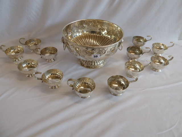 Silver plated punch bowl with lion mask ring handles and set 12 cups