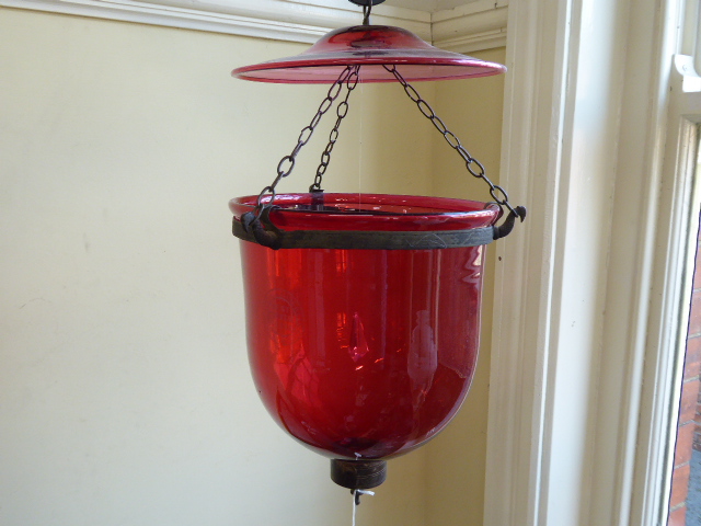 19thC Cranberry glass hanging bell jar lantern suspended on 3 chain hooks with pheasants head - Image 5 of 6