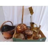 Victorian copper warming pan, coal scuttle kettle, possers,
