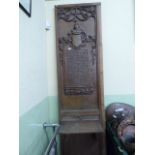 Early 20thC carved oak church panel with fold down bible rest and religious script "To the Glory of