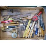 Vintage painted pine tool chest and 2 boxes of carpentry tools - chisels, planes,