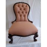 Victorian mahogany buttoned pink upholstered spoon back nursing chair