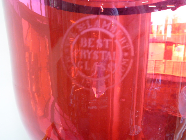 19thC Cranberry glass hanging bell jar lantern suspended on 3 chain hooks with pheasants head - Image 2 of 6