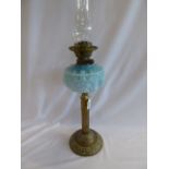 Brass column blue vaseline glass oil lamp